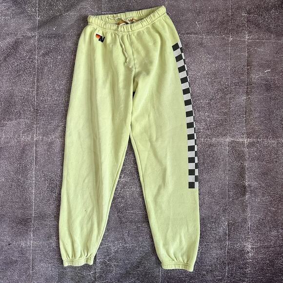 Women's Aviator Nation Check Leg Neon Yellow Casual Jogger Sweatpants Sweat Sz S - Picture 1 of 6